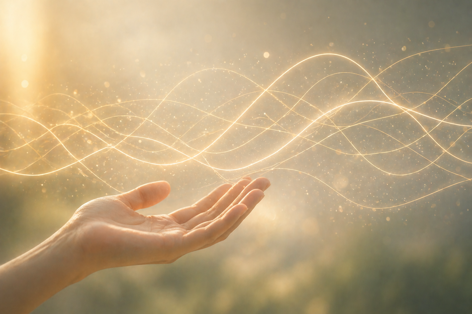 手のひらの上に複数の波のような光の線が広がるイメージ。神経系の反応や身体感覚の変化のプロセスを象徴している。
