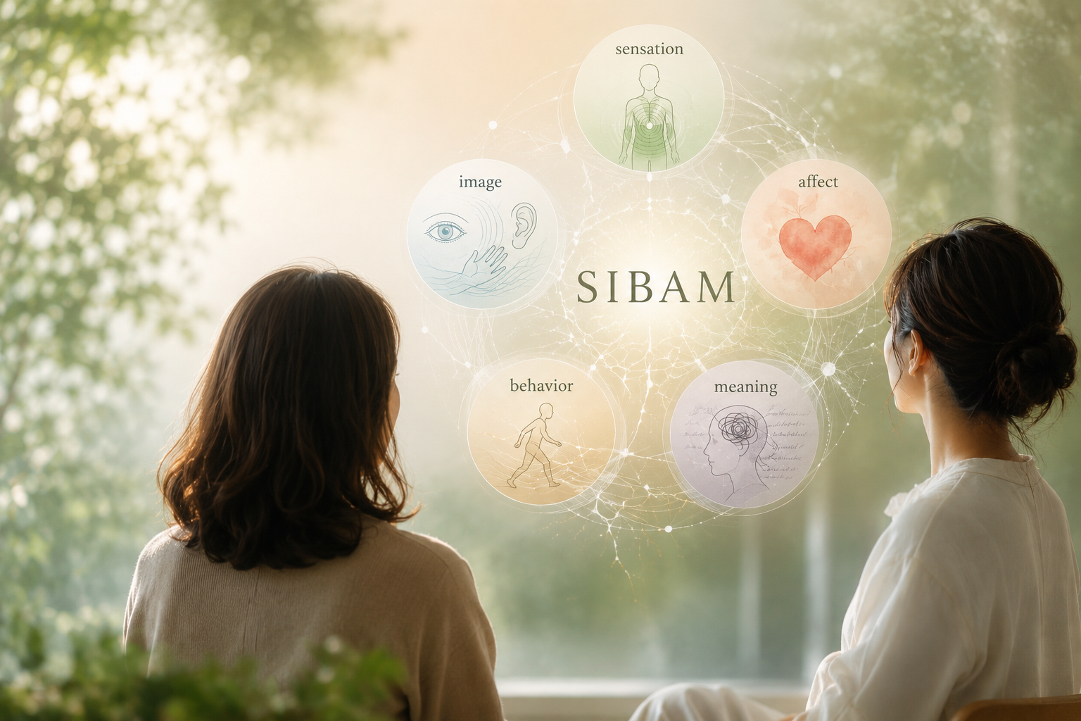 SIBAMの5要素（sensation・image・affect・behavior・meaning）の概念図を2人のセラピストが見つめるイメージイラスト